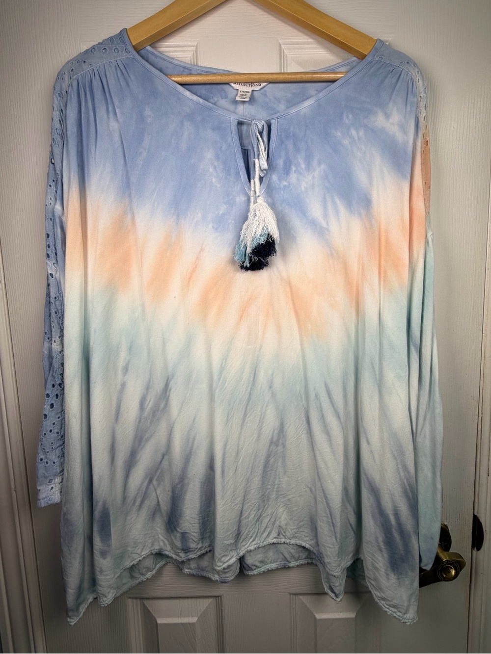 Northern Reflections Blue Peach Tie-Dye Tunic XXL Boho Peasant Top Tassel